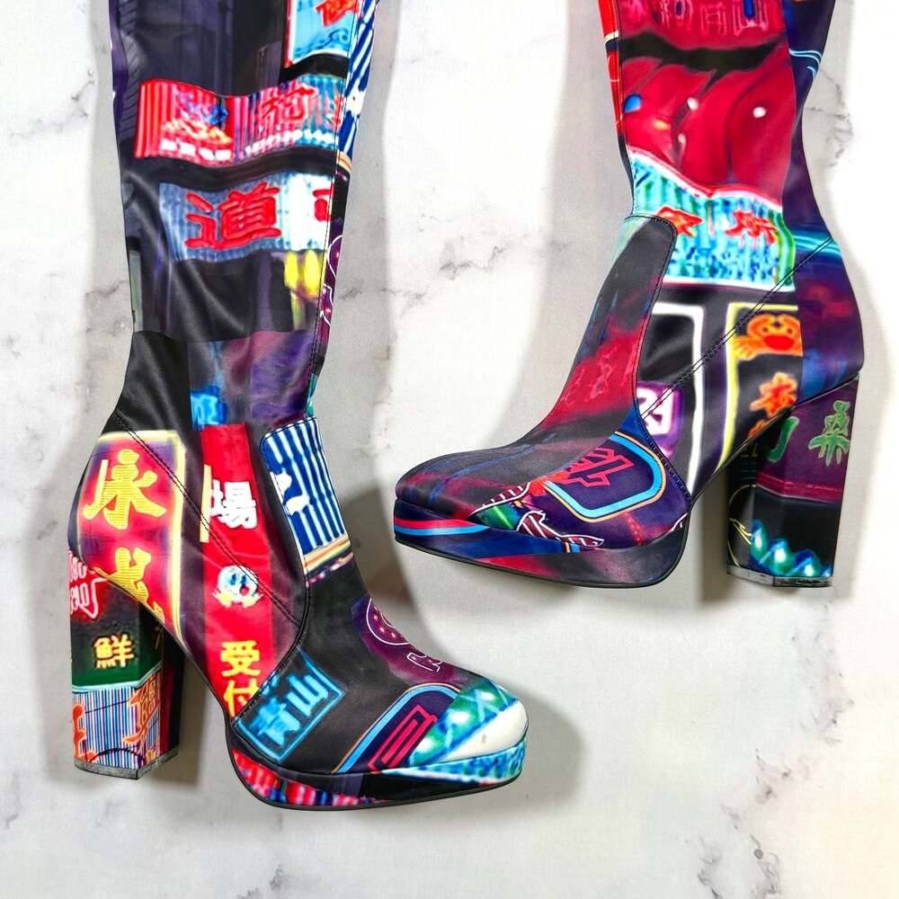 Dolls Kill Current Mood Midnight City Print Thigh High Platform Boots 8 - Picture 2 of 10